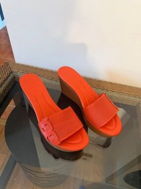 Tory Burch Bright Orange Wedge Slide Sandals